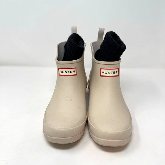Hunter Play Short Rain Boots Womens 6 Zinc Light Beige Boot Socks Chore READ - Picture 2 of 10